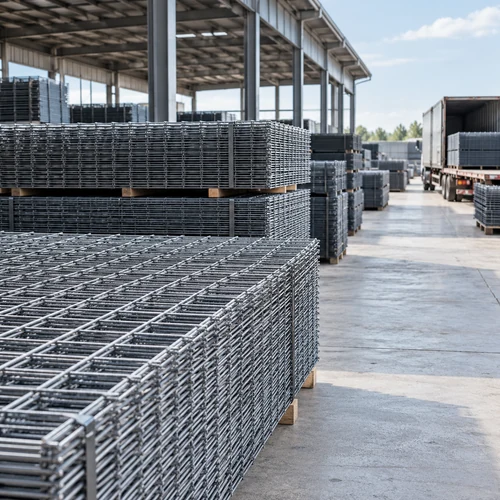 Çelik Hasır Firmaları Çelik Hasır Firmaları, hasır panel stok sahası, endüstriyel sevkiyat alanı, düzenli metal istifleri, çelik ürün tedariki, depo koridoru görünümü, yüklemeye hazırlanan paneller, kaynaklı hasır paketleri, açık cepheli depo yapısı, malzeme lojistiği kompozisyonu, panel stok sıraları, çelik ağ ürün grupları, tedarik süreci tasviri, hasır levha depolaması, temsili firma sahası görseli