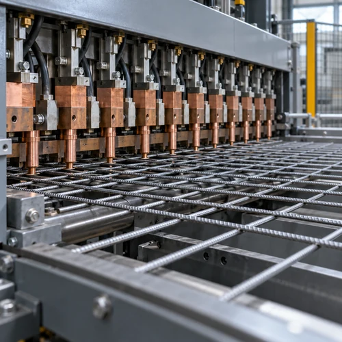 Çelik Hasır Üreticisi Çelik Hasır Üreticisi, kaynaklı hasır üretim hattı, çok noktalı kaynak ekipmanı, tel besleme düzeni, metal panel imalatı, kaynak elektrotları, endüstriyel makine detayı, paralel tel yerleşimi, üretim masasında çelik ağ, hasır kesişim noktaları, nervürlü tel işleme, fabrika içi temsili sahne, otomasyonlu imalat kompozisyonu, panel üretim geometrisi, temsili üretici görseli