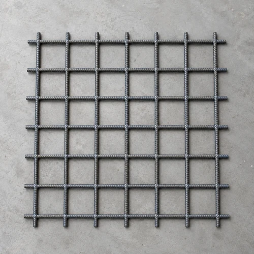 Q Tipi Çelik Hasır, kare gözlü donatı paneli, iki doğrultulu tel düzeni, kaynaklı kesişim noktaları, üstten panel görünümü, simetrik hasır geometrisi, nervürlü çelik doku, panel uç çıkıntıları, düzenli tel aralıkları, metal ağ örneği, donatı levhası detayı, yatay ve düşey teller, kare açıklık dizilimi, nötr zemin üzerinde hasır, temsili Q tipi ürün görseli